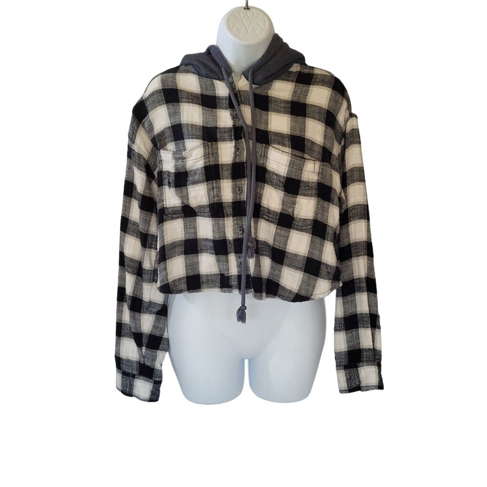 American Eagle Hoodie Shirt Womens S Plaid Cropped Black & White Cotton Blend